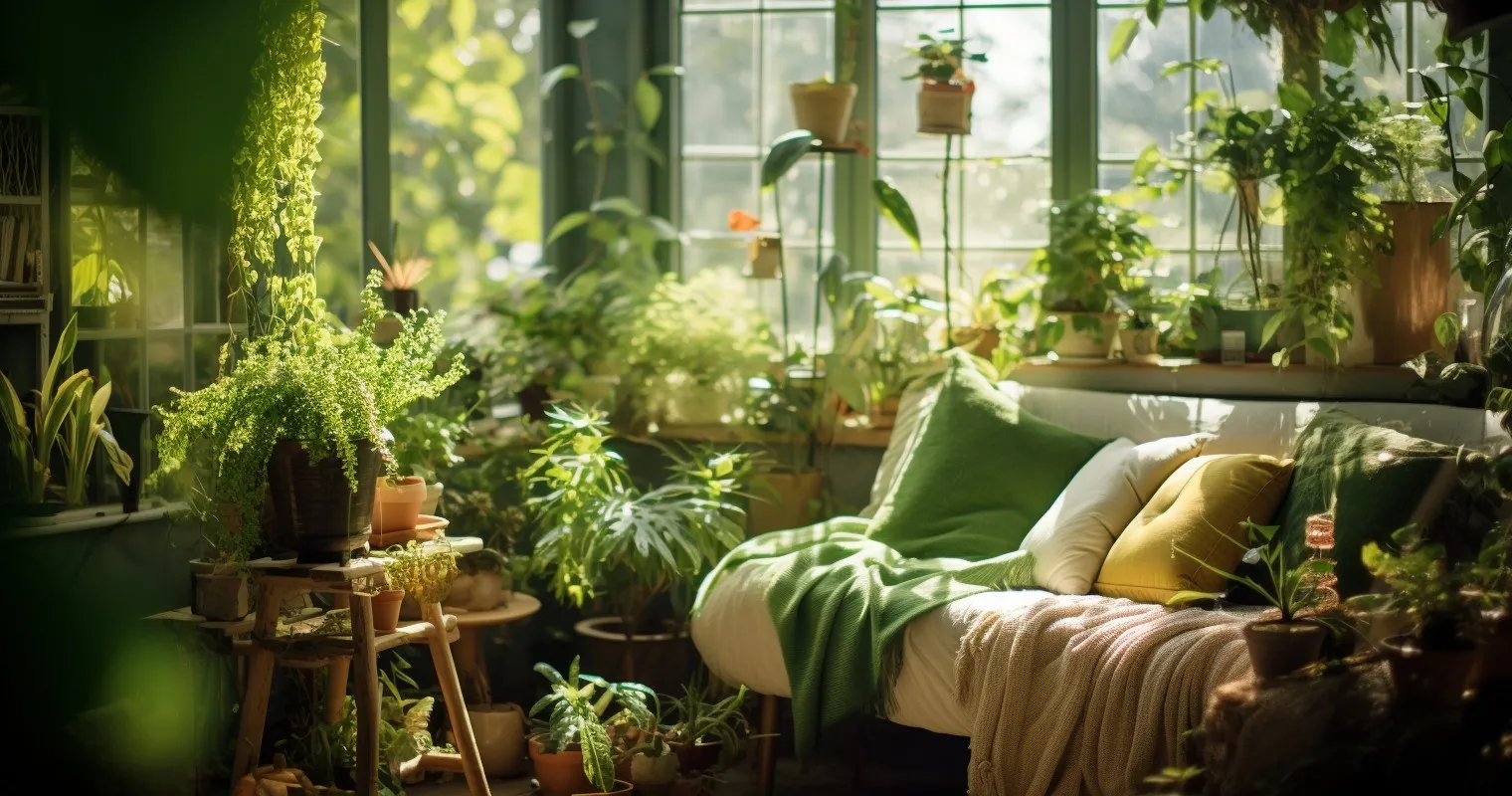 Bright and cozy indoor jungle setting