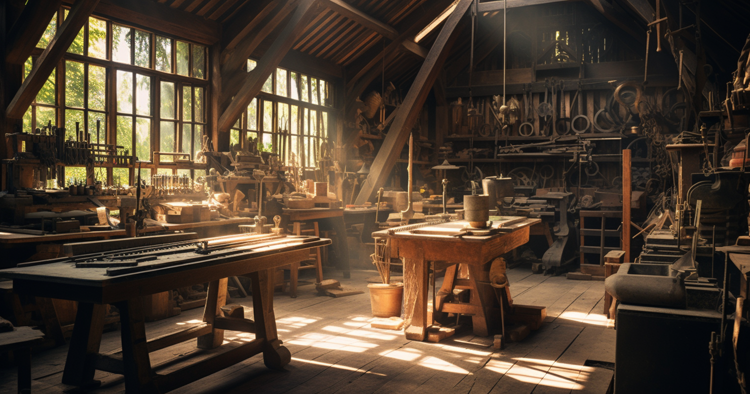 Carpenter's Workshop with Vintage Tools and Sunlight