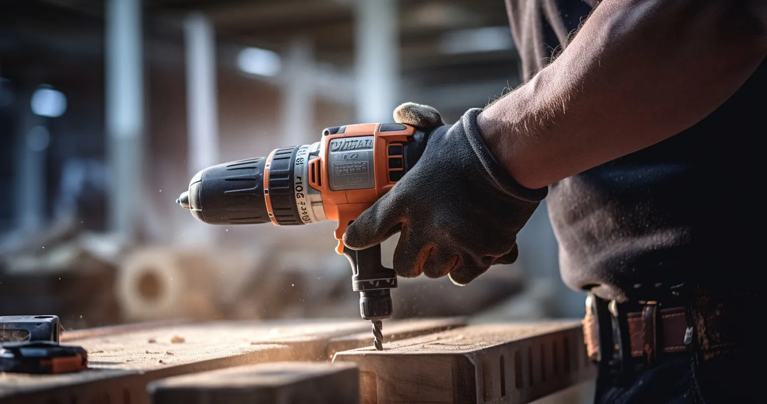 Carpenter's hand holding a cordless power drill