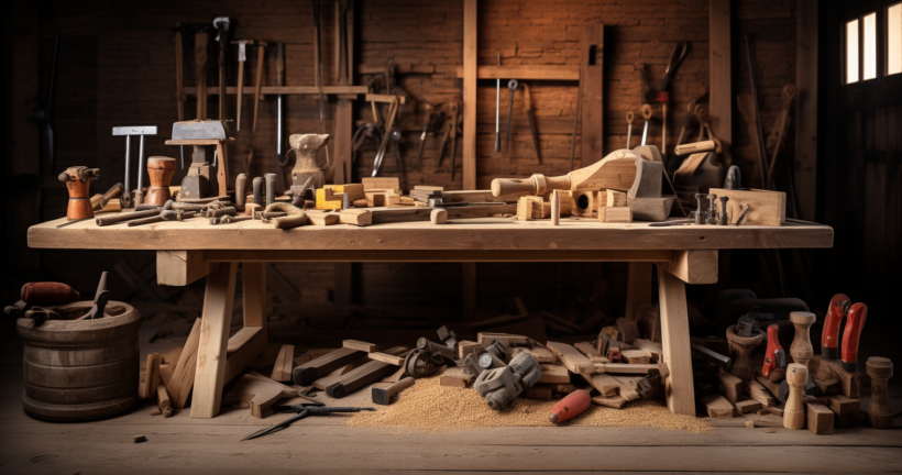 Carpentry Tools on Weathered Workbench