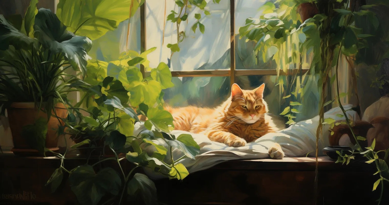 Cat And Guardian Peacefully Coexisting With Plants