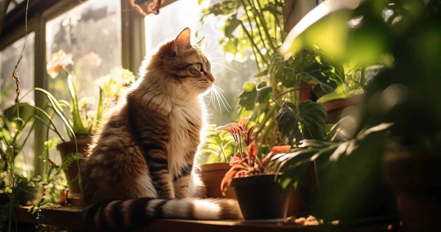 Cat exploring a garden corner with houseplants