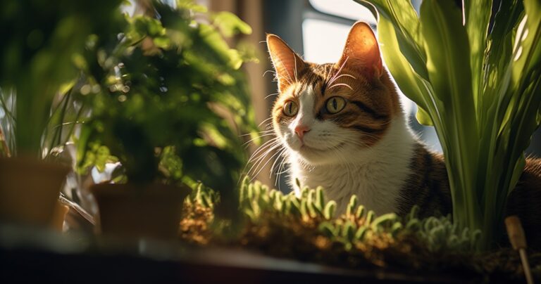 Cat exploring safe houseplants