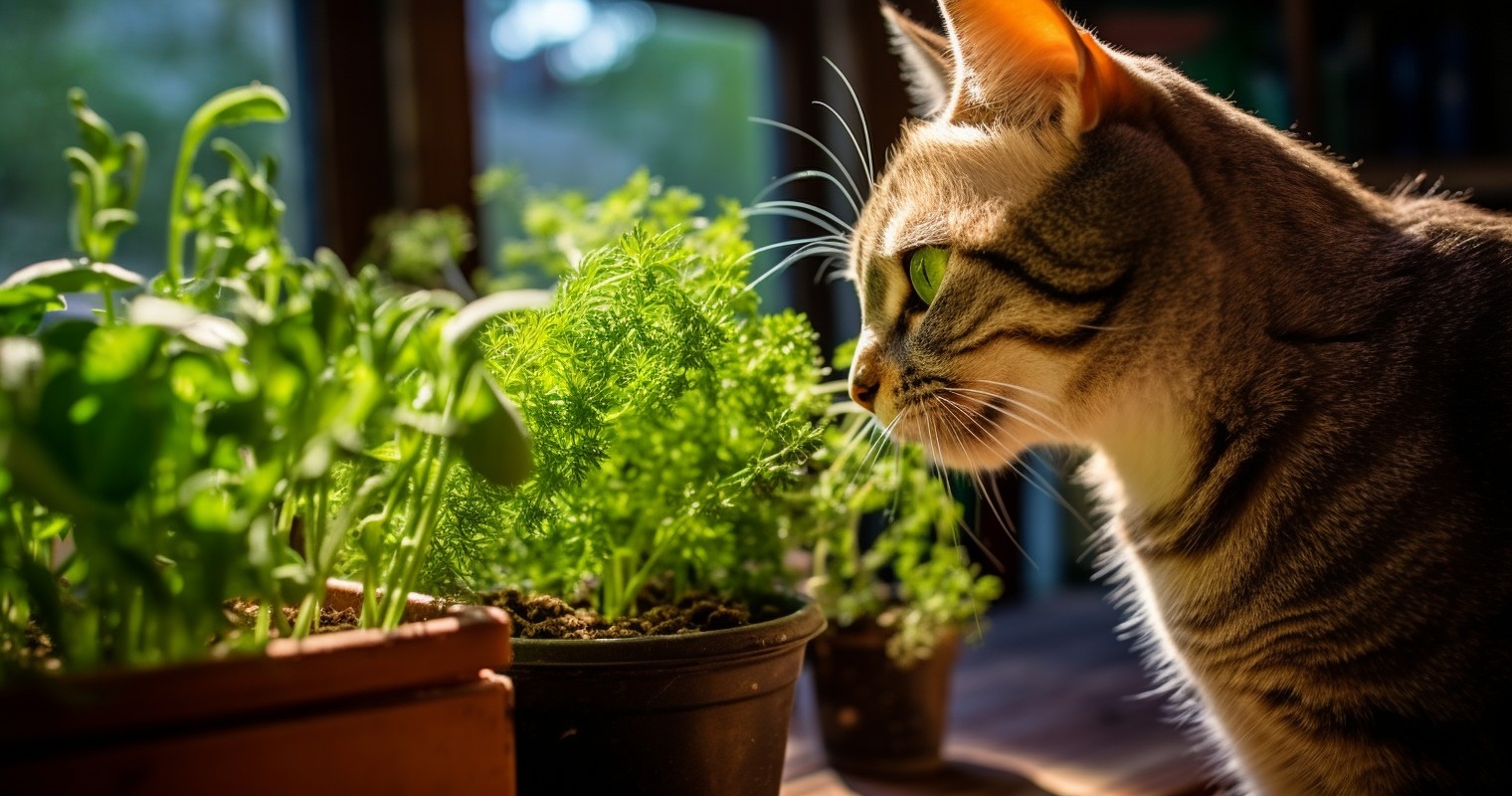 Cat interacting with cat-friendly herbs