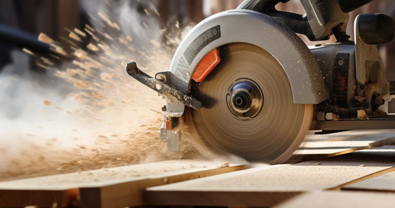 Circular saw cutting through wooden plank