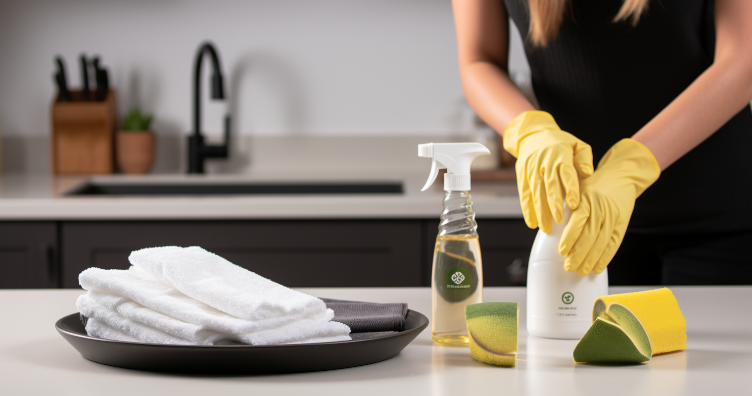 Cleaning Kitchen Countertops with Labeled Products