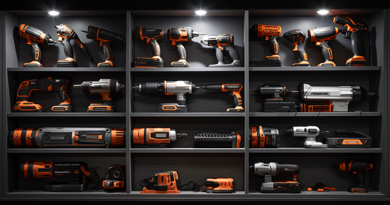 Close-up of a Shelf with Black and Decker Power Tools