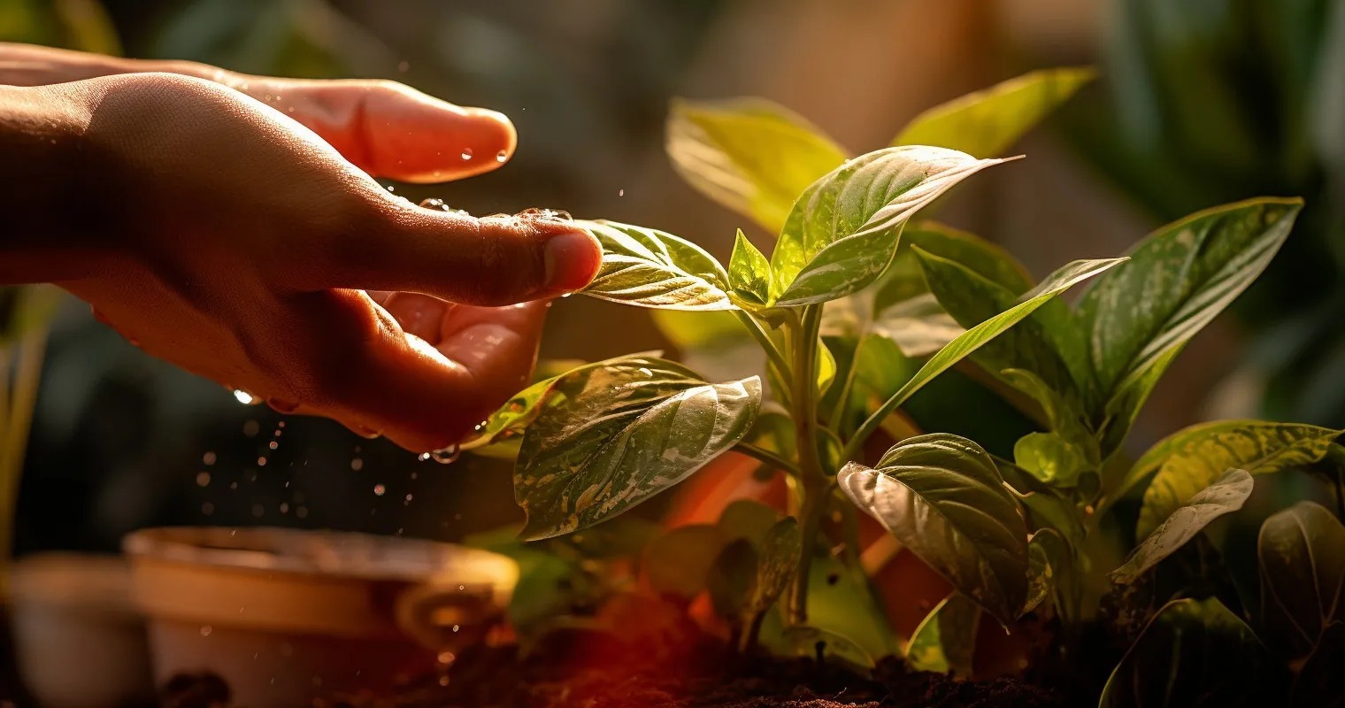 Close-up of hand gently feeding a houseplant