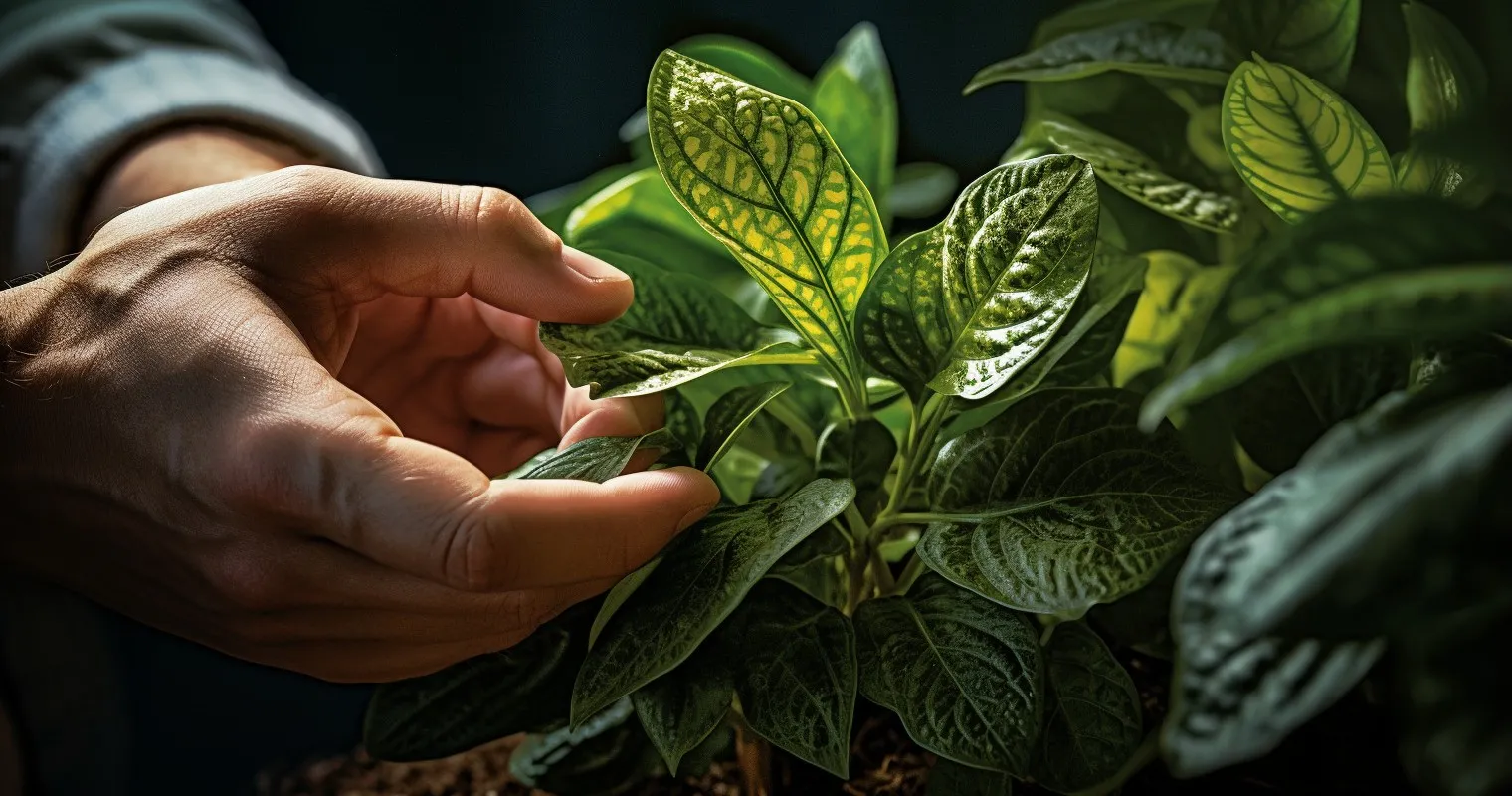 Close-up of hands carefully checking plant health