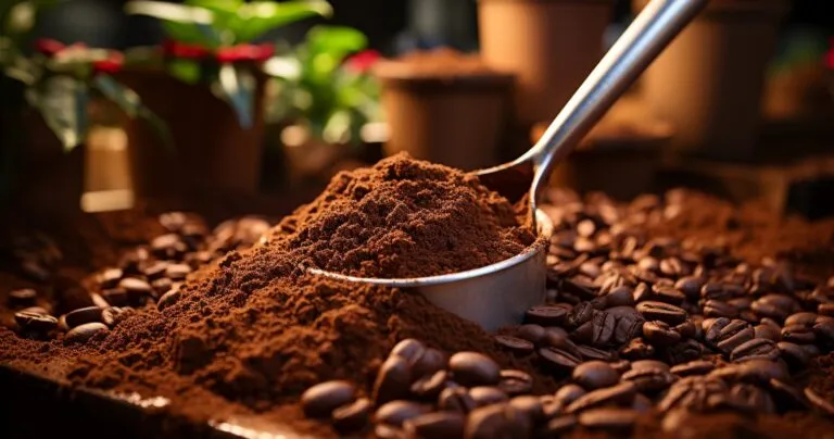 Coffee Grounds In A Rustic Wooden Scoop