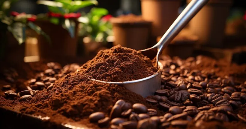 Coffee Grounds In A Rustic Wooden Scoop