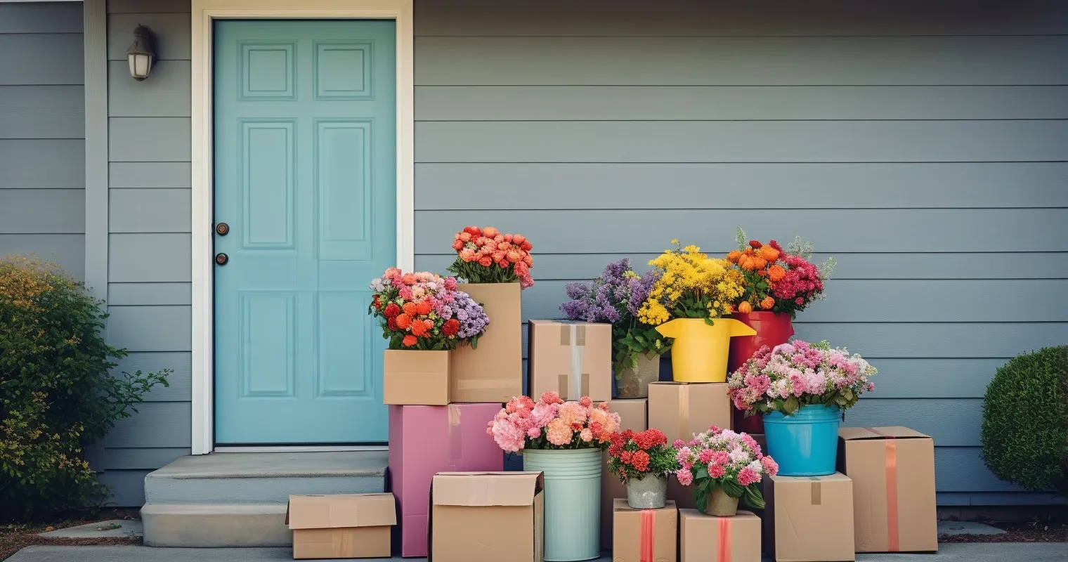 Colorful Moving Boxes In Front Of A Home