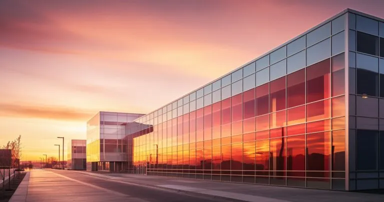 Commercial Building Exterior at Sunset