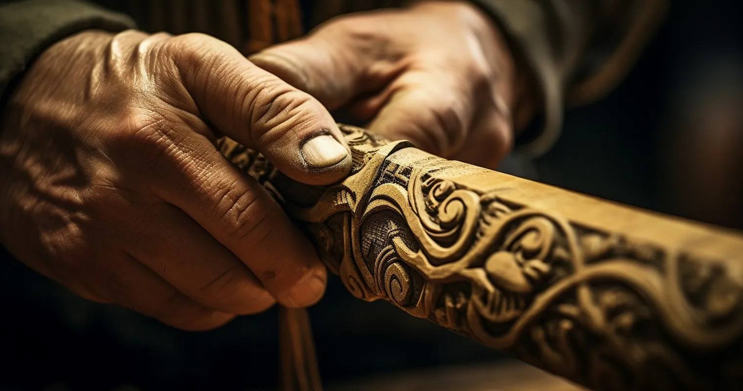 Craftsman Carving A Wooden Sword Handle