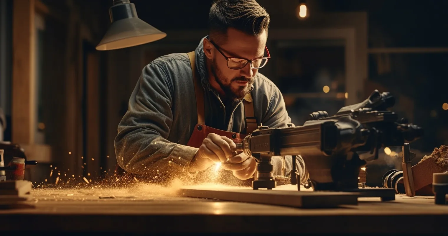 Craftsman crafting a wooden coffee table with tools