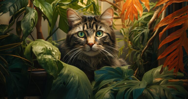 Curious Cat Exploring Houseplant
