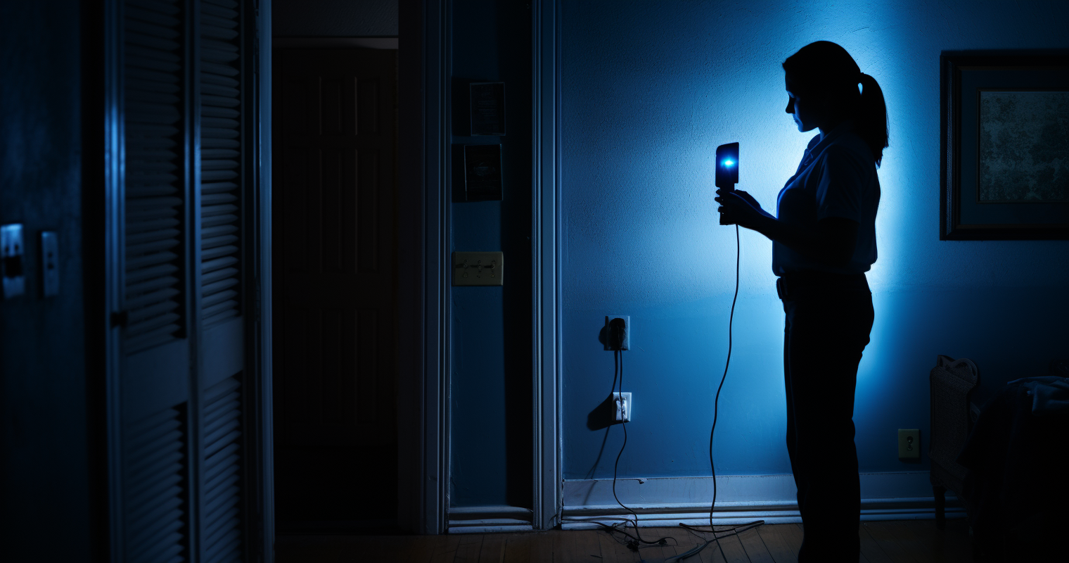 DIY Enthusiast Using Stud Finder in Dimly Lit Room