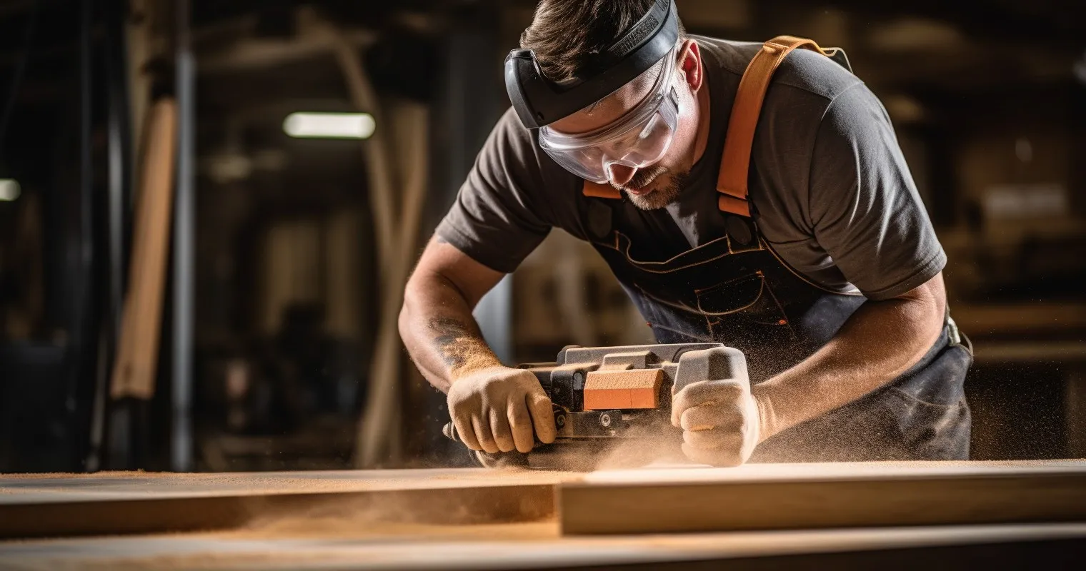DIY enthusiast using belt sander on wooden surface