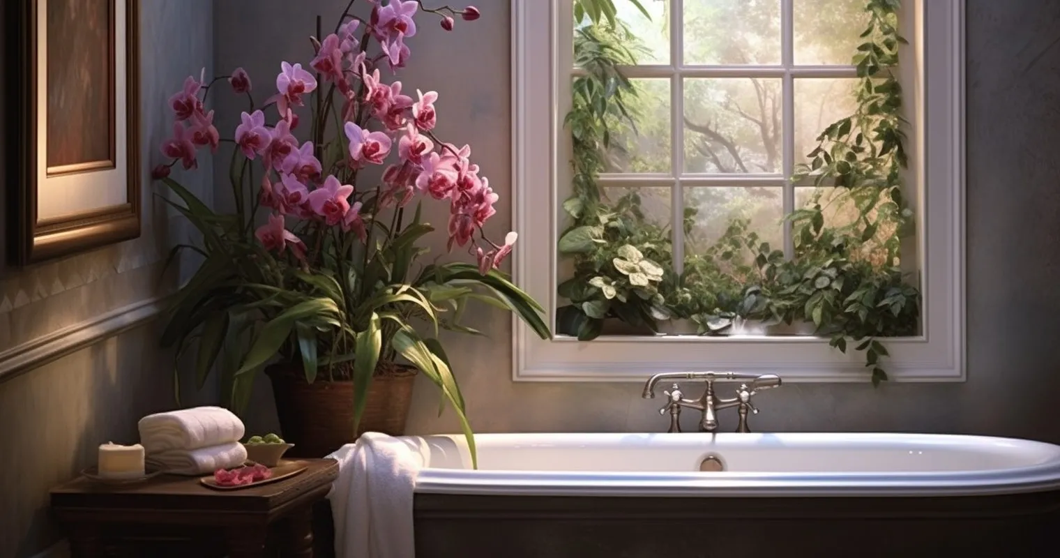 Delicate Orchids And Ferns Thriving In Bathroom