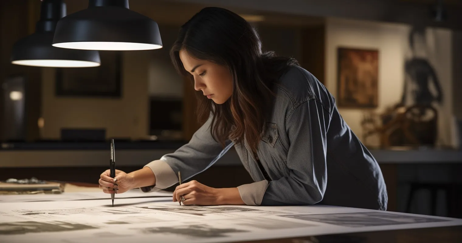 Designer Examining Blueprint with Critical Eye