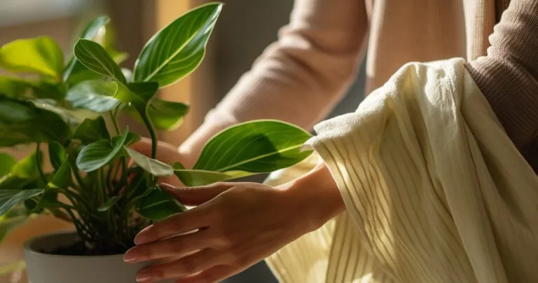 Dusting Houseplants - Woman Gently Wiping Plant Leaves