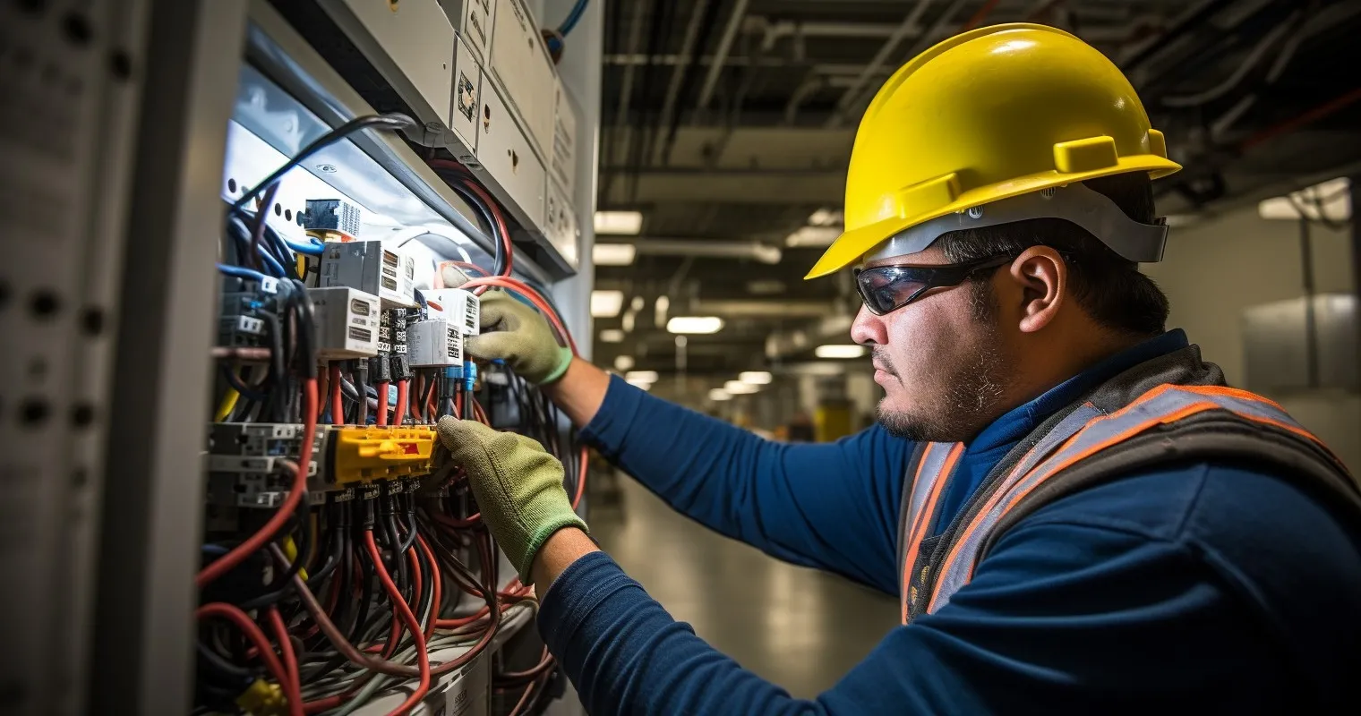 Electrician inspecting electrical equipment at work