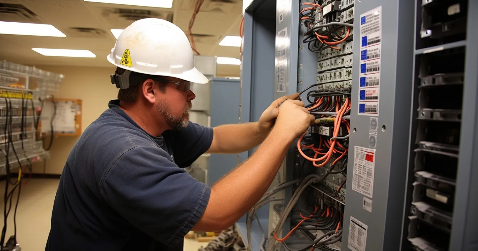 Electrician inspecting electrical equipment at work