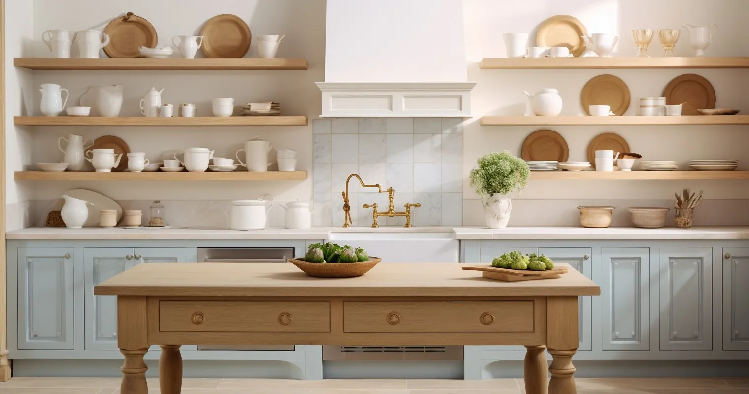 Elegant French Country Kitchen with Open Shelving
