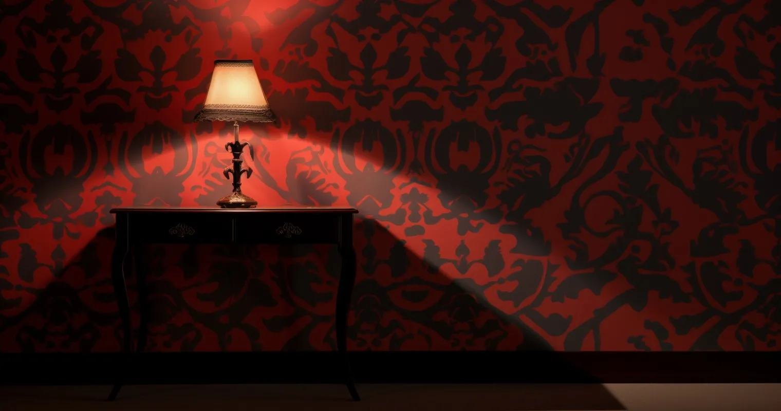 Exquisite play of light and shadow on an intricate patterned wallpaper
