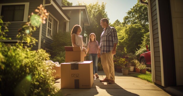 Family In Front Of New Home With Moving Boxes