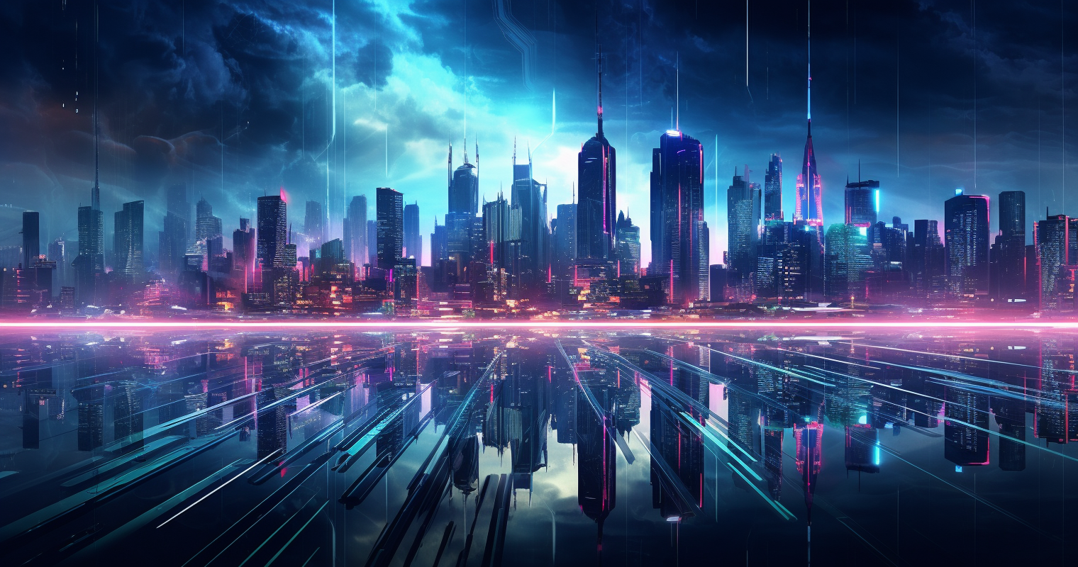 Futuristic cityscape powered by a network of glowing copper cables.