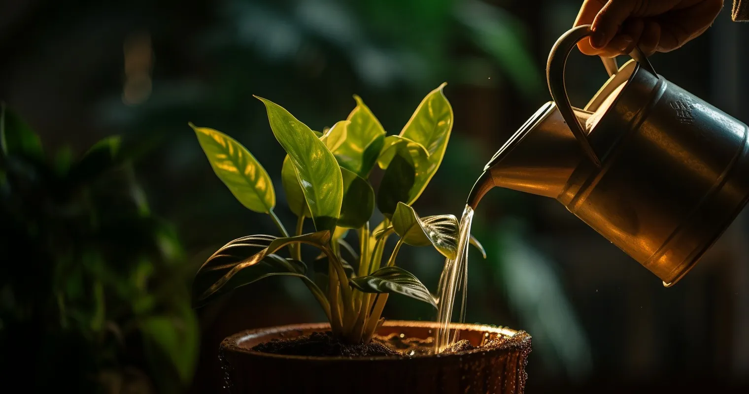 Hand Watering A Houseplant With Dramatic Lighting
