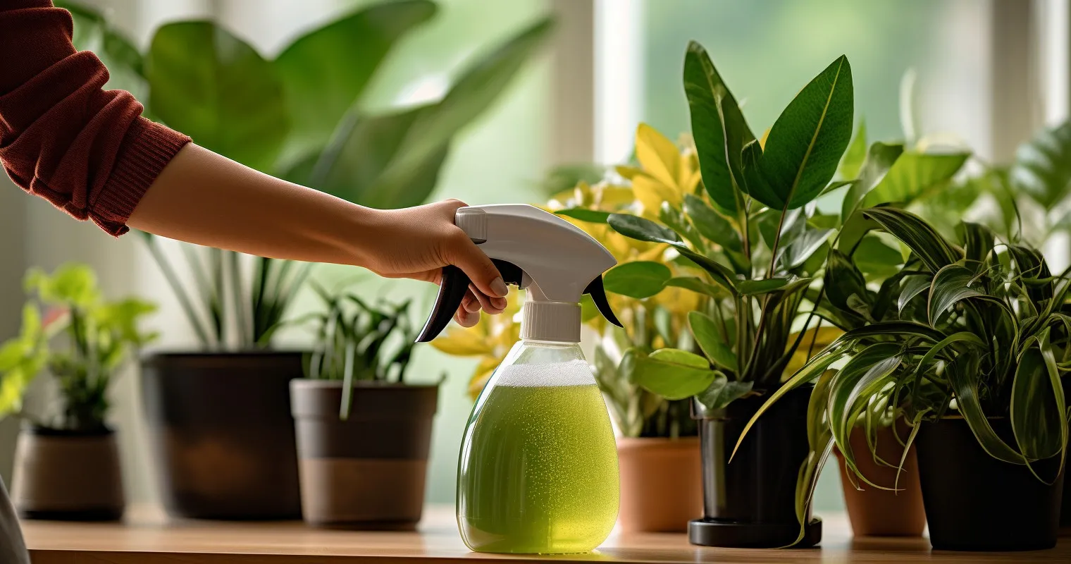 Hand applying neem oil to a variety of houseplants