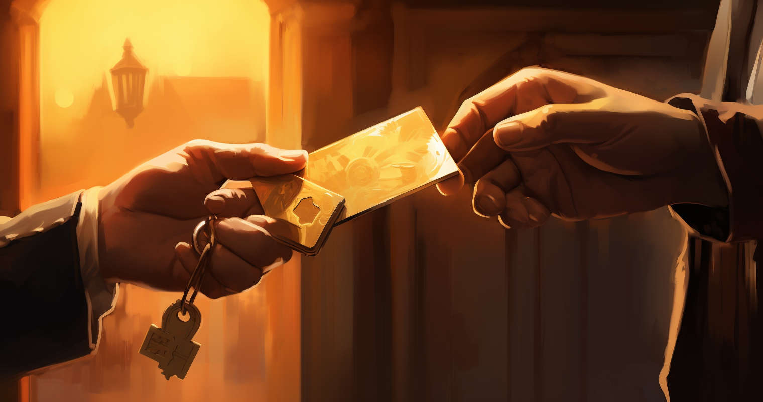 Hand exchanging golden ticket for keys