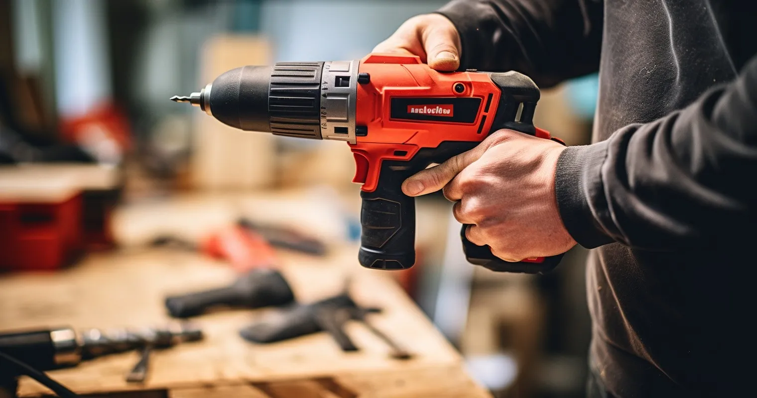 Hand holding a brushless drill in a well-lit workshop