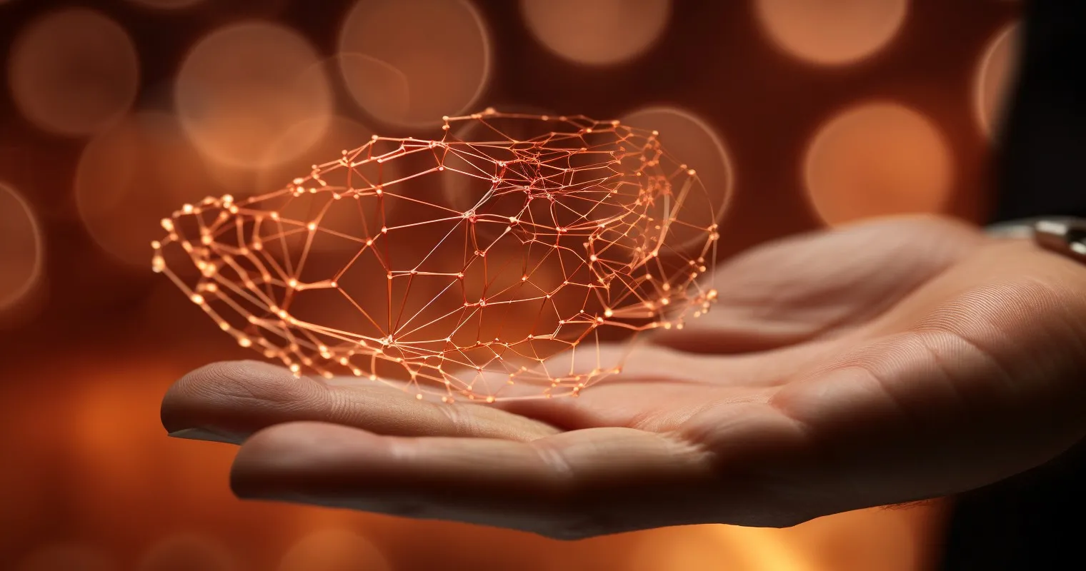 Hand holding a copper wire with circuit patterns in the background.