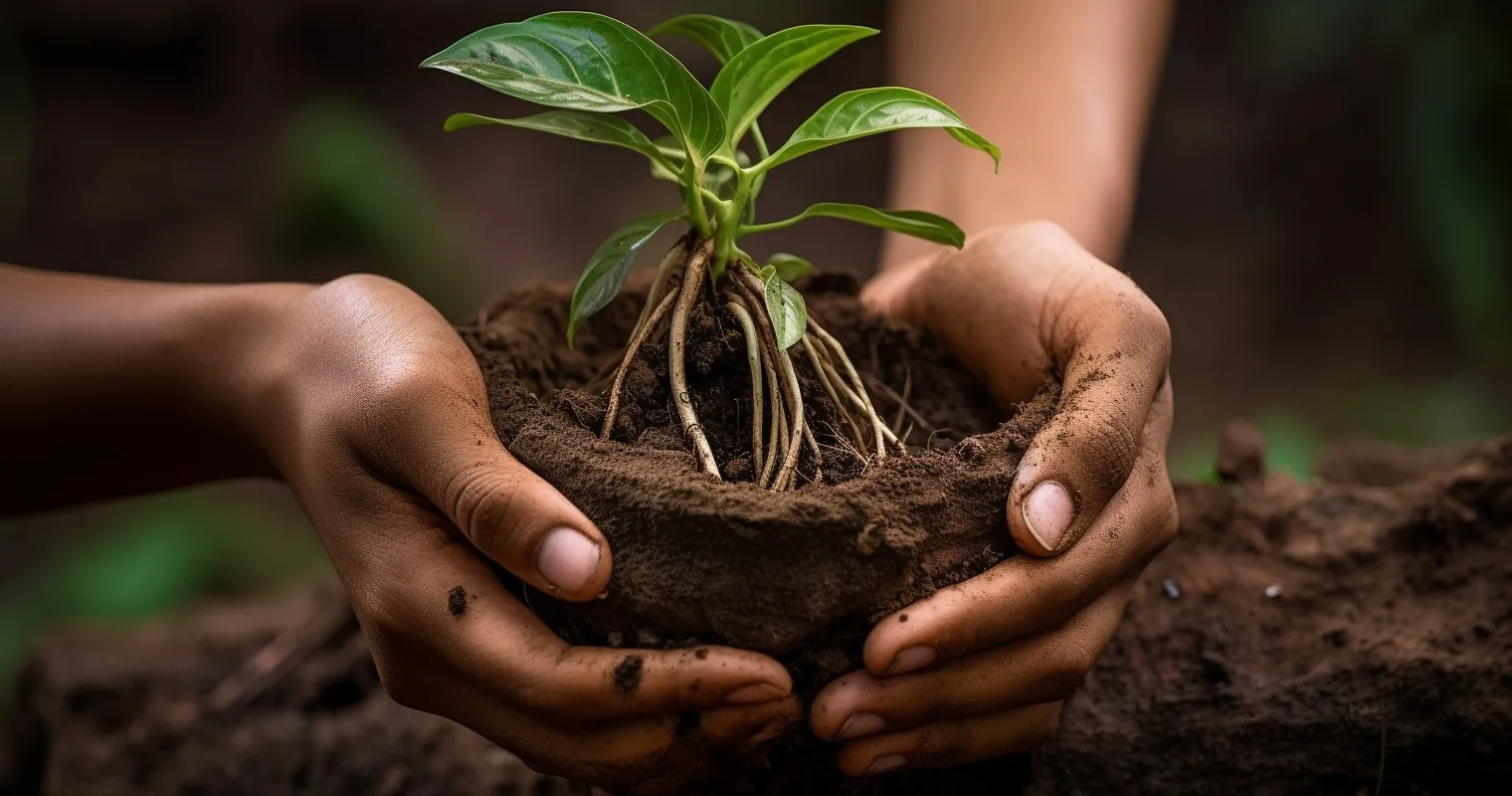 Hand holding a potted plant, soil change process