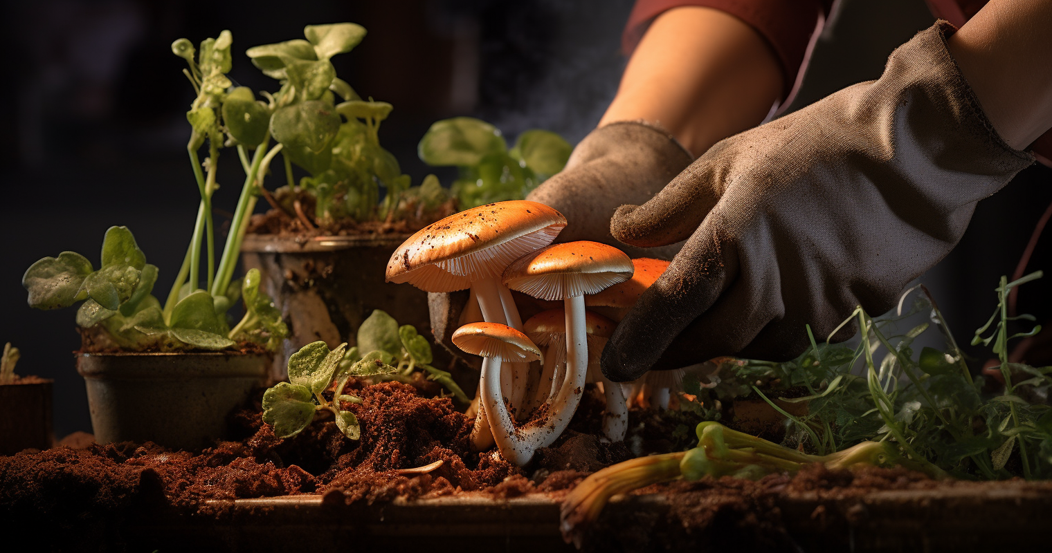 Hand removing mushrooms from a plant's soil