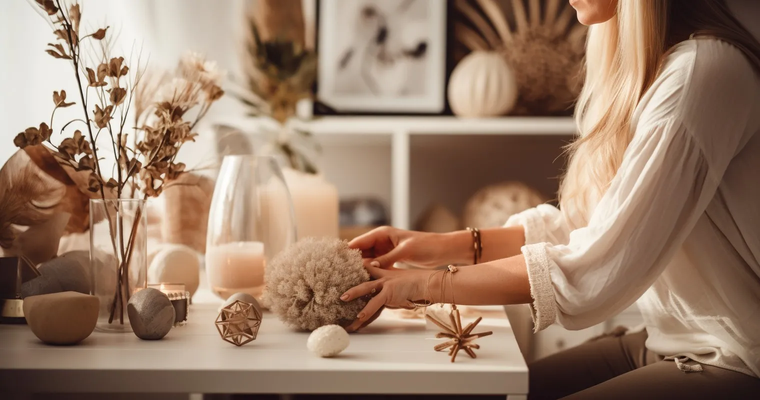 Hand skillfully arranging decor items