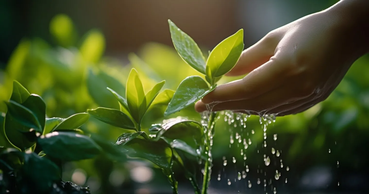 Hand spraying neem oil on houseplants