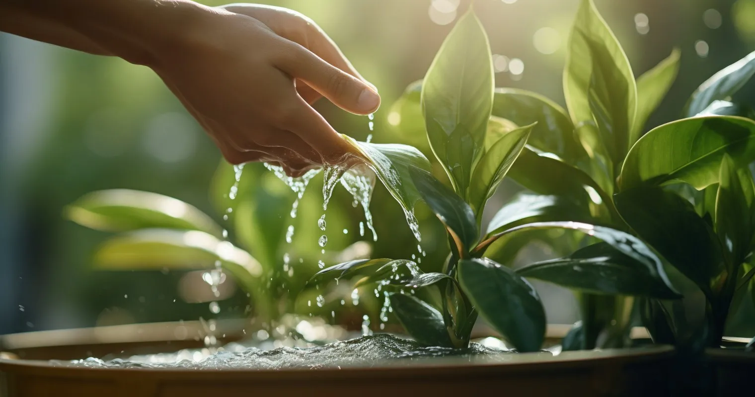 Hand watering potted plant after soil change