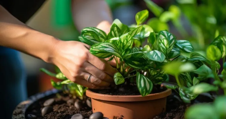 Hands Planting Houseplant In Intricate Pot