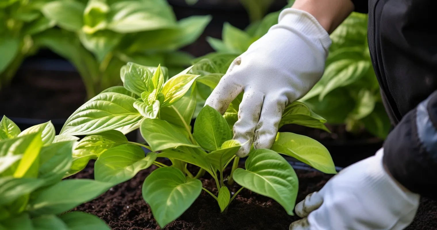 Hands Wearing Gardening Gloves Inspecting Plants