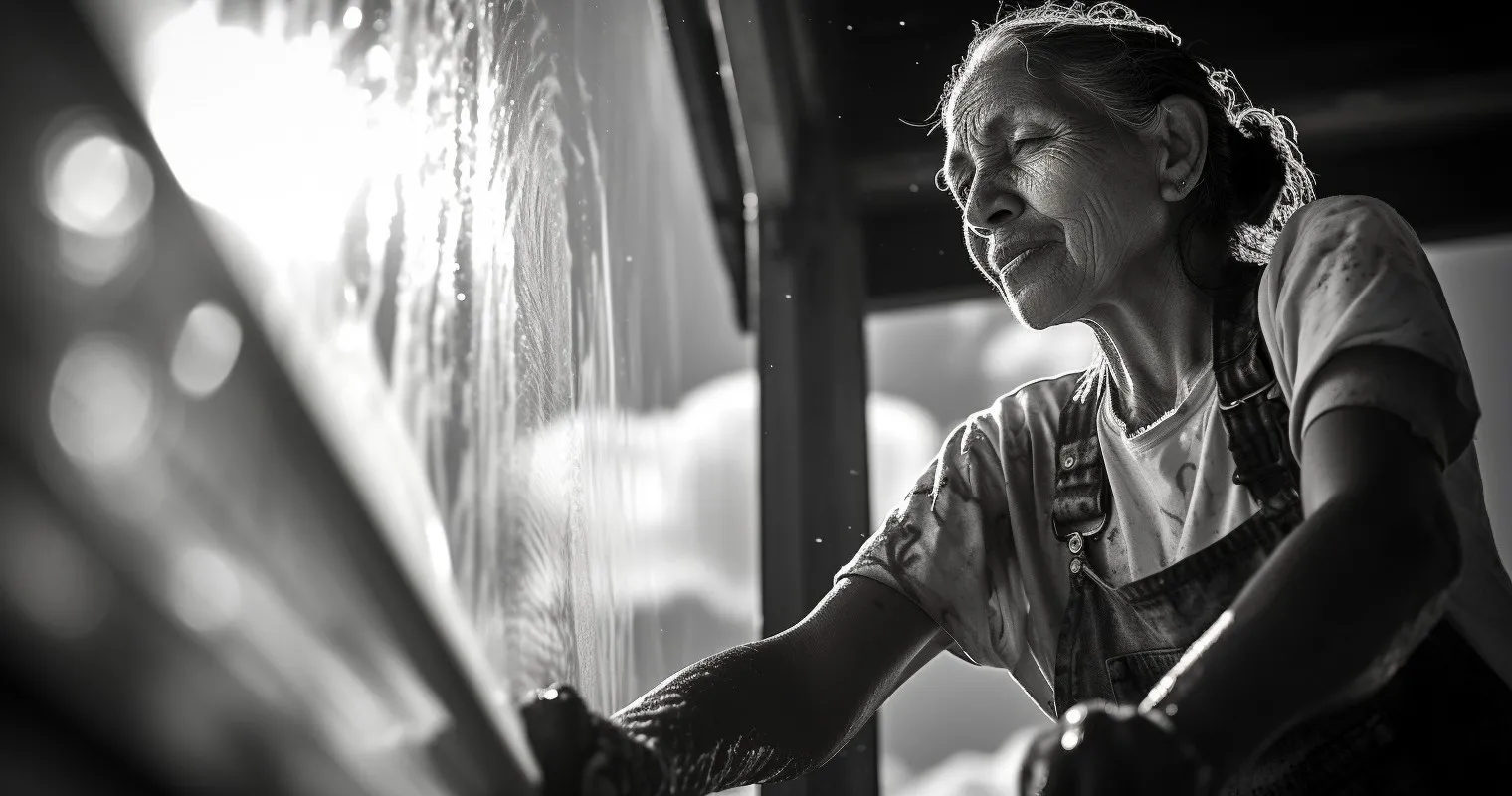 Housekeeper washing a window
