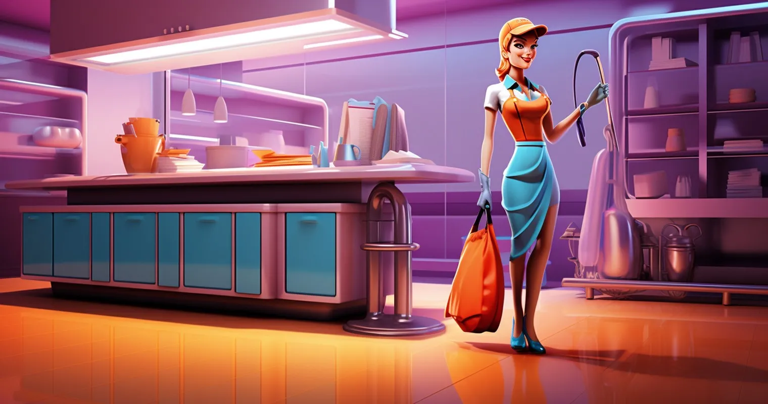 Housekeeper with cleaning cart in a modern kitchen