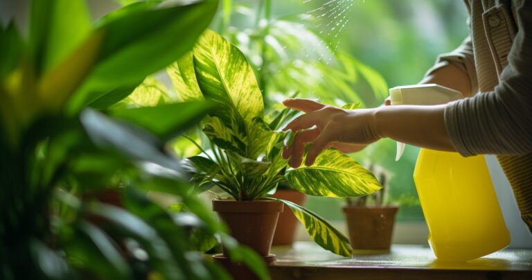 Houseplant enthusiast inspecting neem oil application