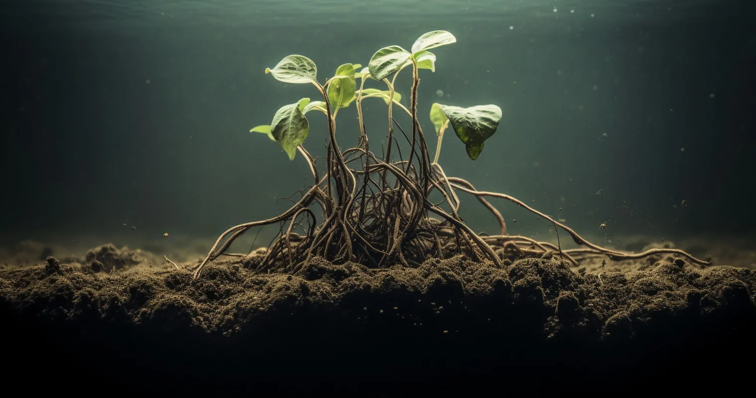 Houseplant roots in waterlogged soil