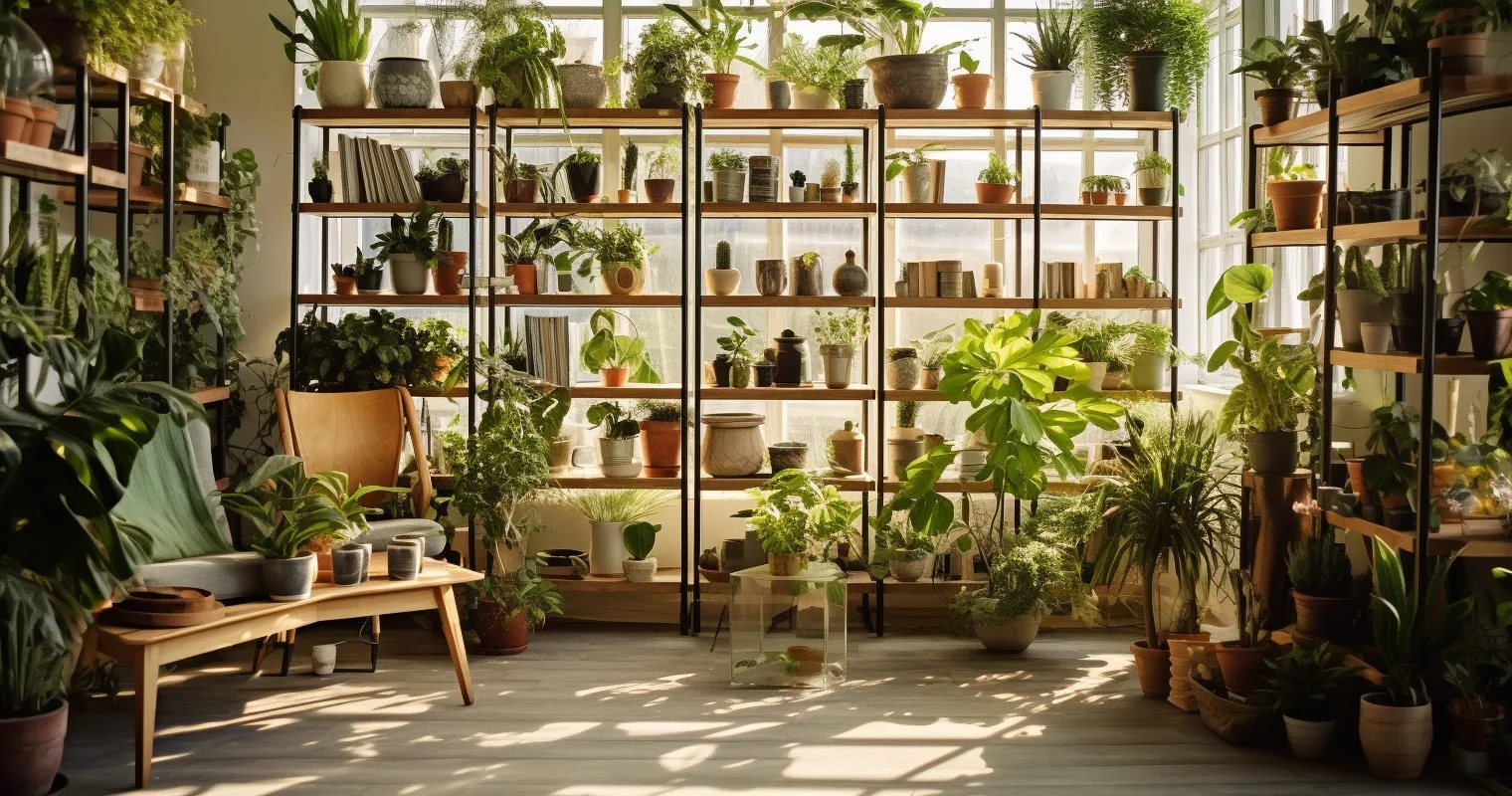 Houseplant shelves against a modern interior backdrop