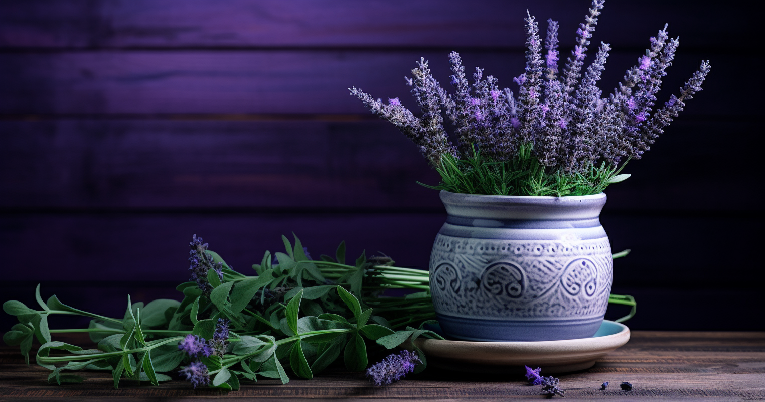 Houseplant surrounded by lavender and mint