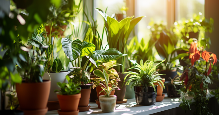Houseplants With Thriving Green Foliage And Blooming Flowers